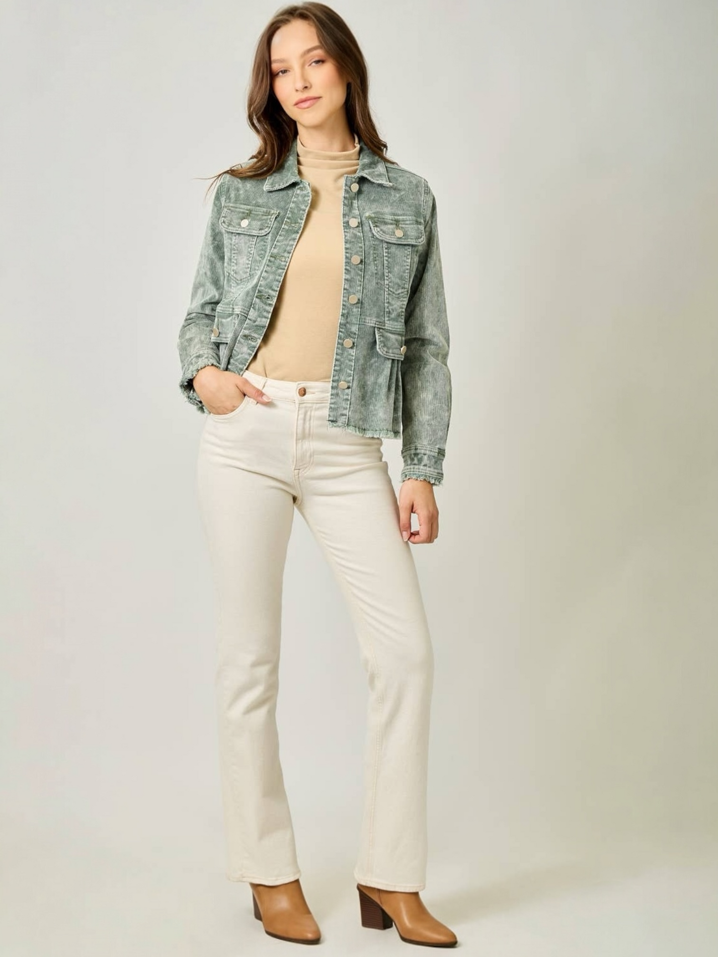 Mystree Washed Corduroy Peplum Jacket - Washed Green