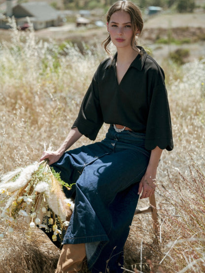 Jodifl 3/4 Sleeves V Neck Top With Scallop Edge Detail - Black