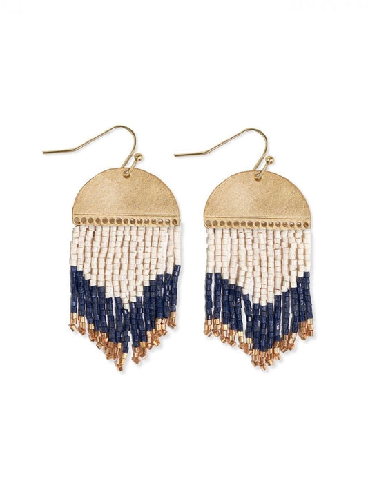 Claudia Curved Pattern Short Beaded Fringe Earrings Navy