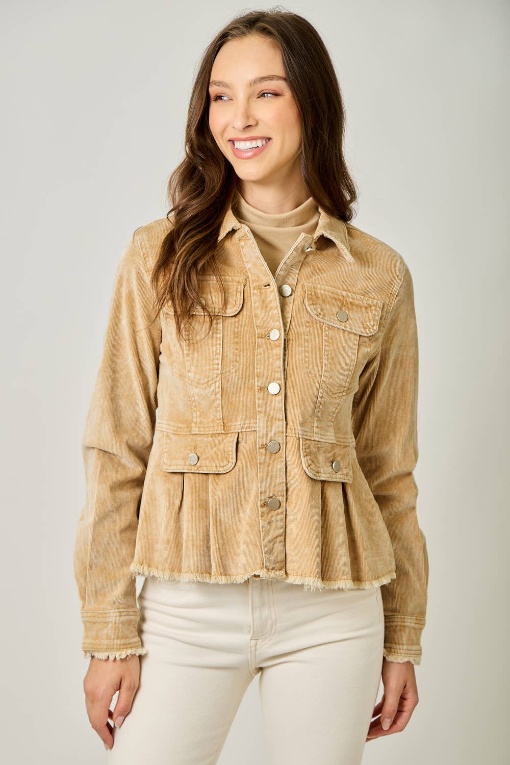 Mystree Washed Corduroy Peplum Jacket - Washed Honey
