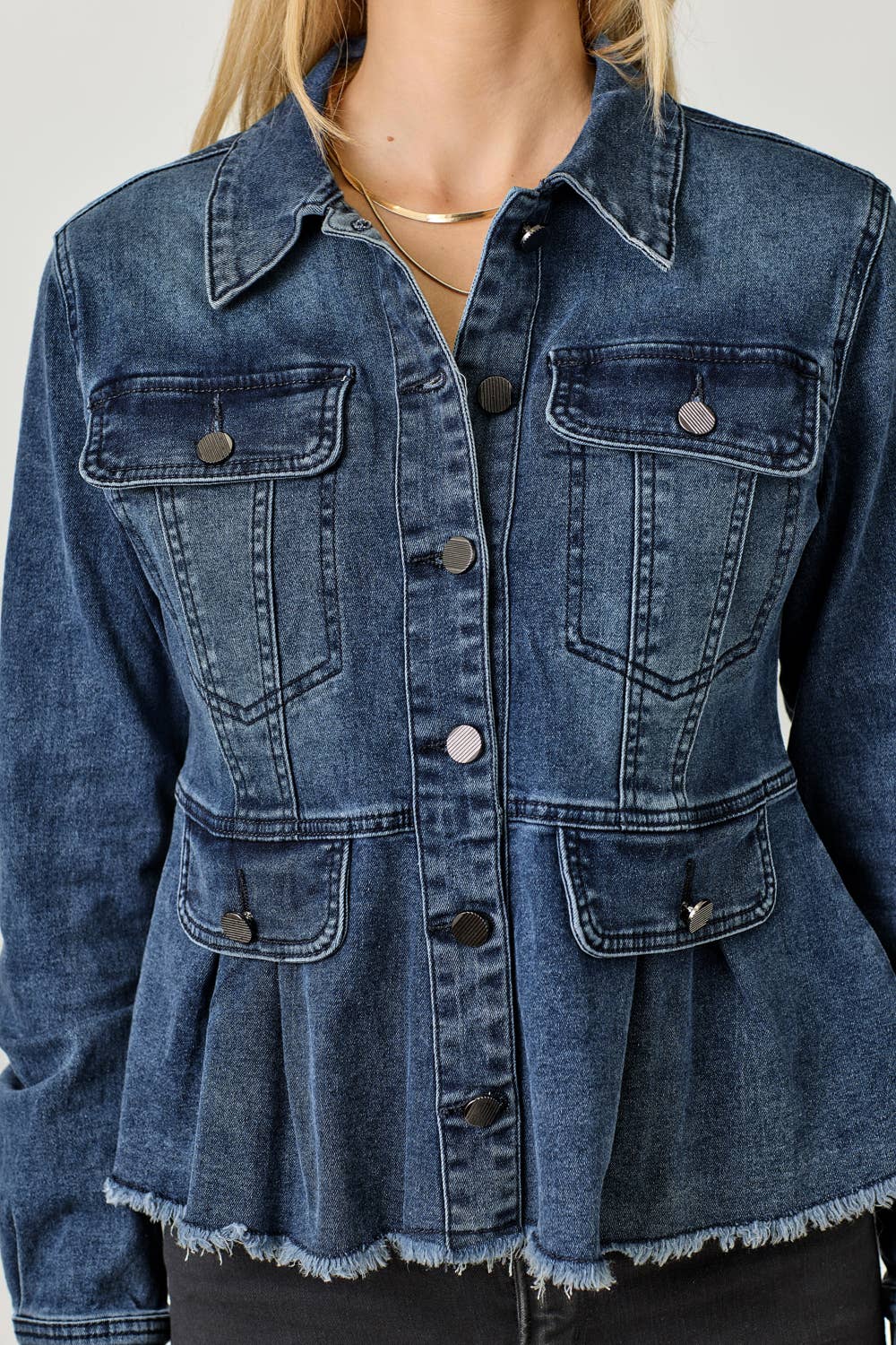Mystree Washed Denim Peplum Jacket - Dark Denim