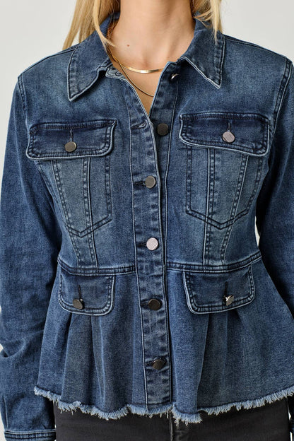 Mystree Washed Denim Peplum Jacket - Dark Denim