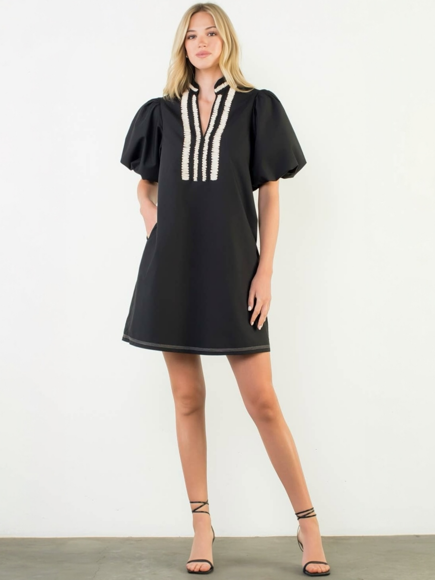 THML Puff Sleeve Embroidered Textured Dress – Black