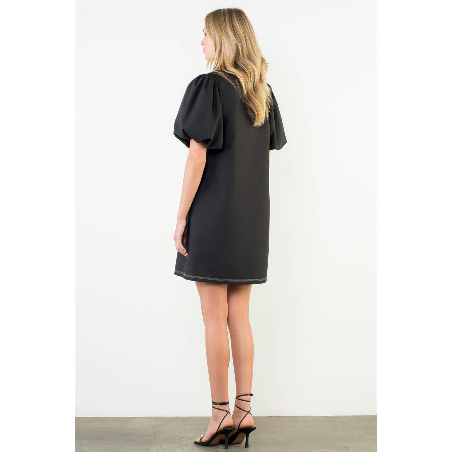 THML Puff Sleeve Embroidered Textured Dress – Black