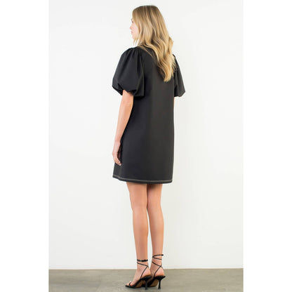 THML Puff Sleeve Embroidered Textured Dress – Black