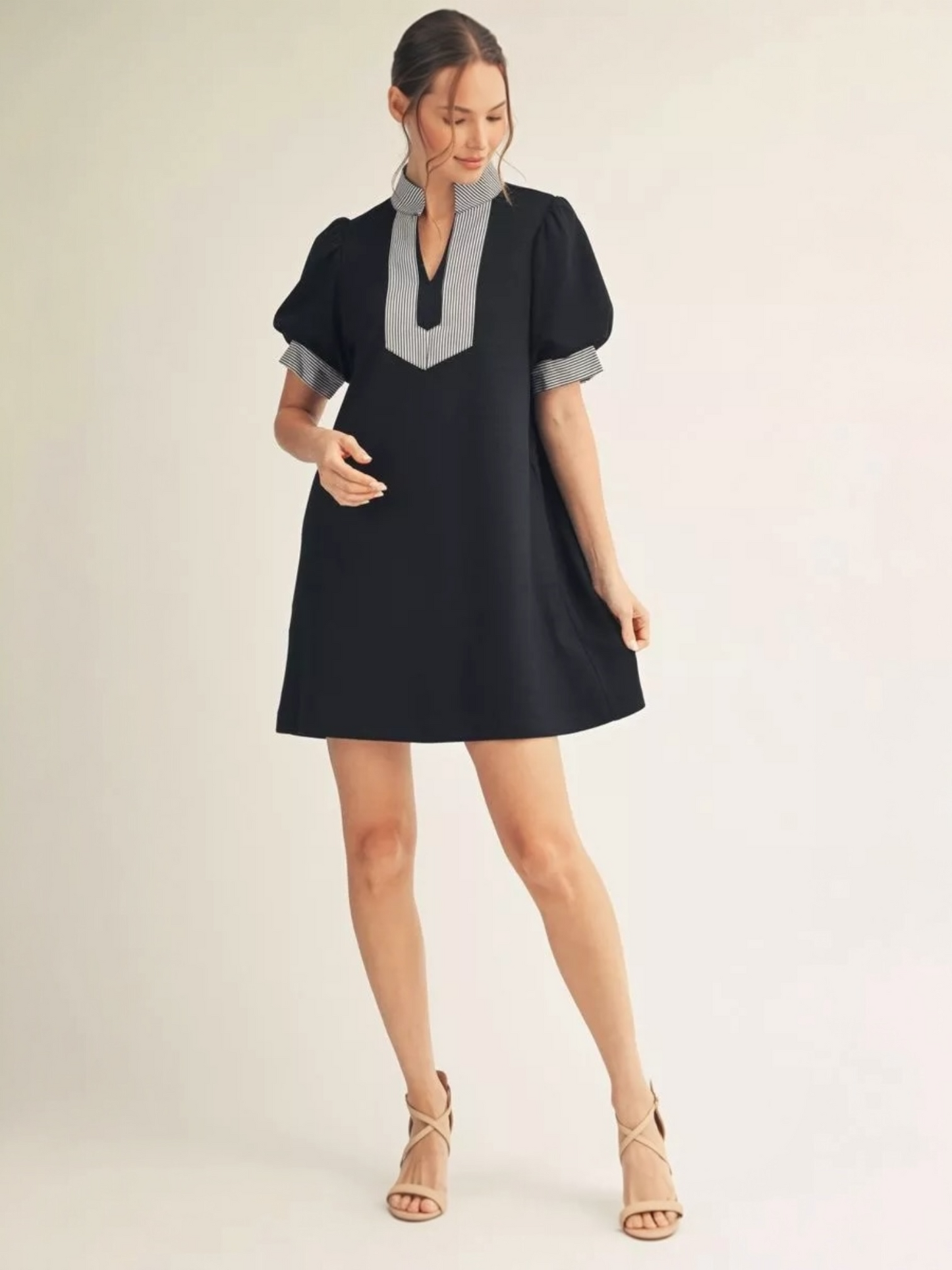 Jodifl Puff Sleeve Shift Dress with Stripe Contrast Accent – Black