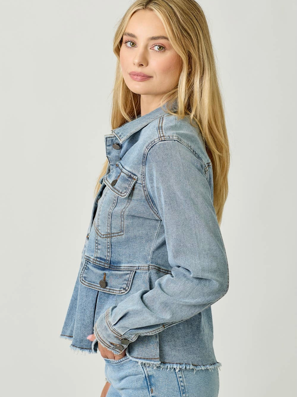 Mystree Washed Denim Peplum Jacket - Washed Denim