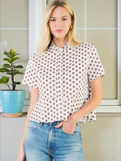 THML Short Sleeve Polka Dot Button Down Top – White