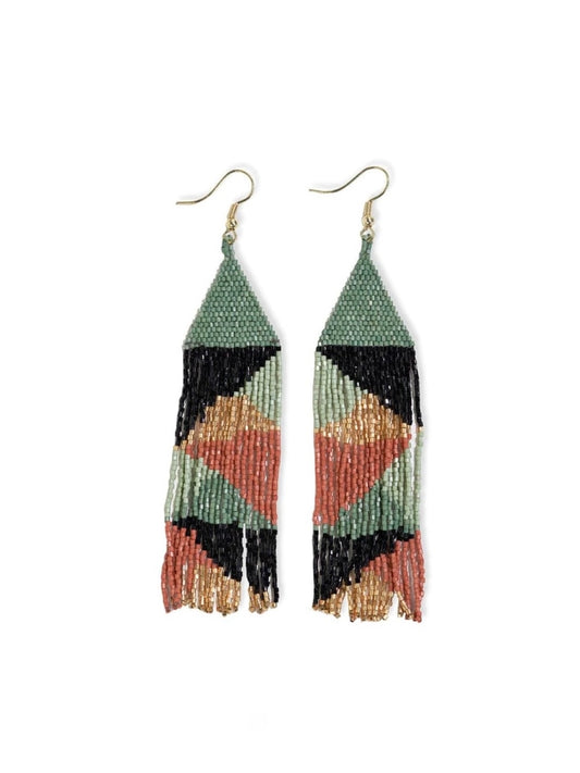 Brittany Mixed Triangles Beaded Fringe Earrings Greens + Rust