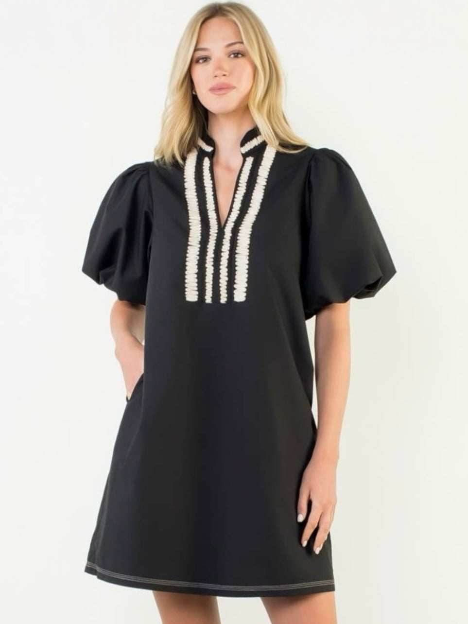 THML Puff Sleeve Embroidered Textured Dress – Black Medium / Black