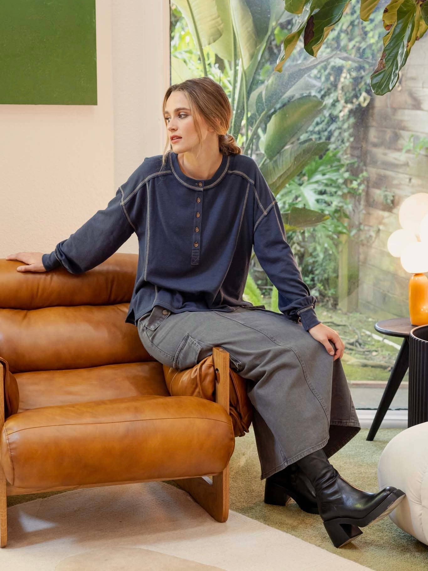 Blu Pepper Contrast Stitch Long Sleeve Henley Knit Top - Dark Denim