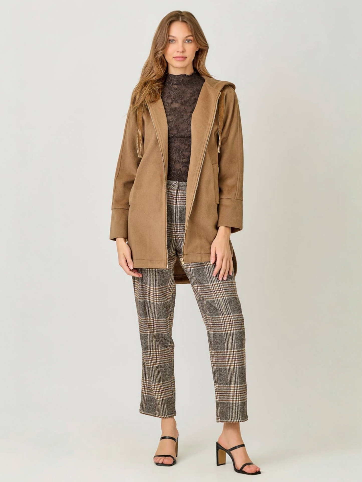 Mystree Hoodie Zip-Up Coat - Camel