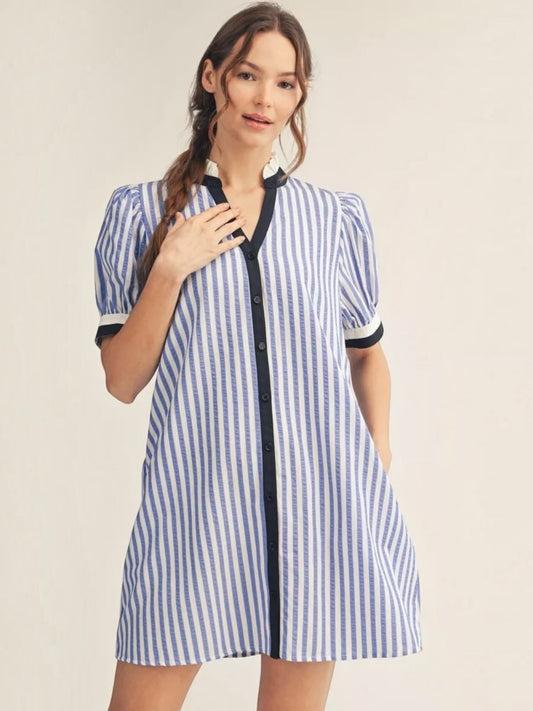 Jodifl Stripe Button Front Shift Dress with Black Contrast Trim – Blue