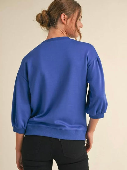 Jodifl Solid Sweatshirt Top With U-neck 3/4 Sleeves - Royal