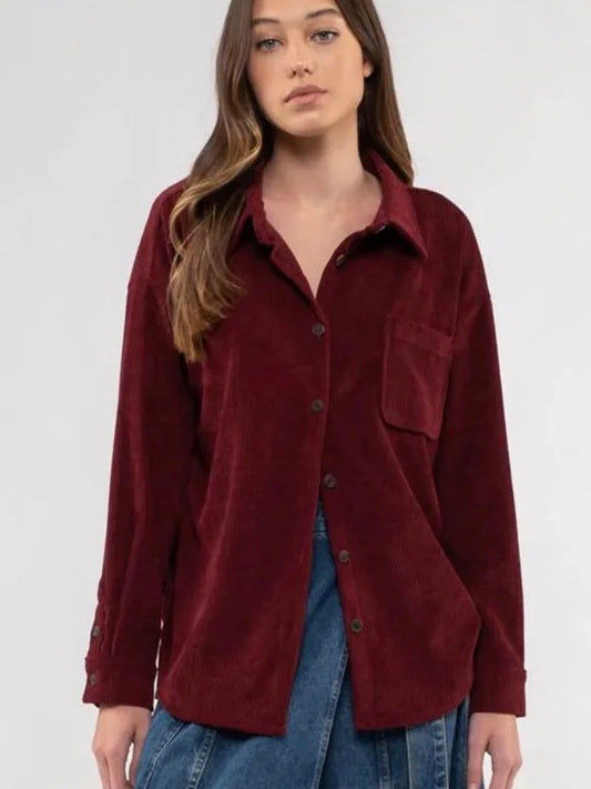 Brylee Corduroy Button Up Jacket - Burgundy