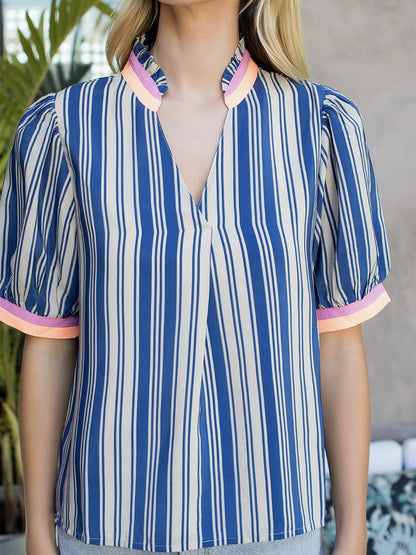 THML Short Sleeve Striped V-Neck Top – Blue