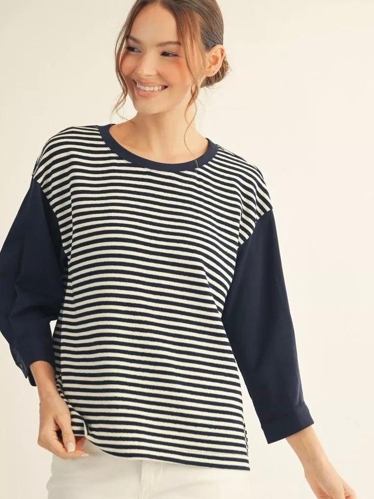 Jodifl 3/4 Sleeve Stripe Casual Top with Drop Shoulder & Pleat Detail – Navy
