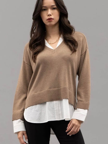 Bridget Layered V Neck Long Sleeve Sweater - Tan