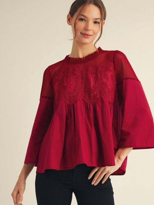 Jodifl 3/4 Sleeves Top With Contrast Crochet Accent - Burgundy