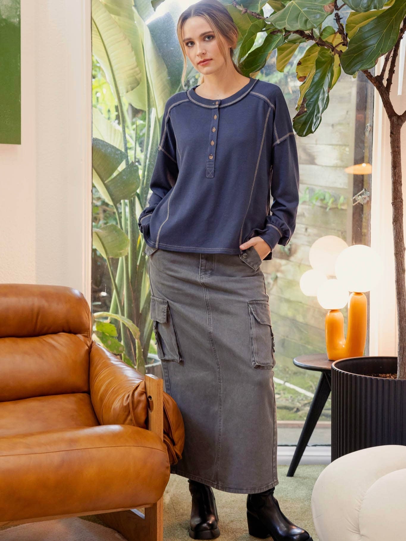 Blu Pepper Contrast Stitch Long Sleeve Henley Knit Top - Dark Denim