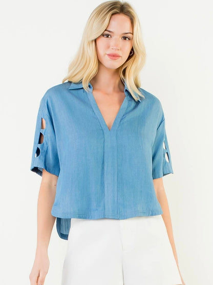 THML Short Sleeve Cutout Denim Top – Blue