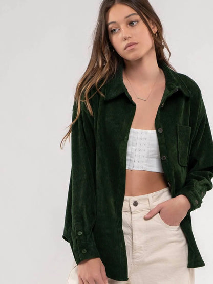 Brylee Corduroy Button Up Jacket - Hunter Green