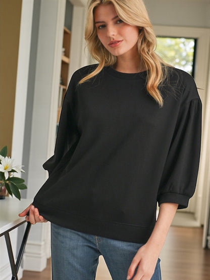 Jodifl Solid Sweatshirt Top With U-neck 3/4 Sleeves - Black
