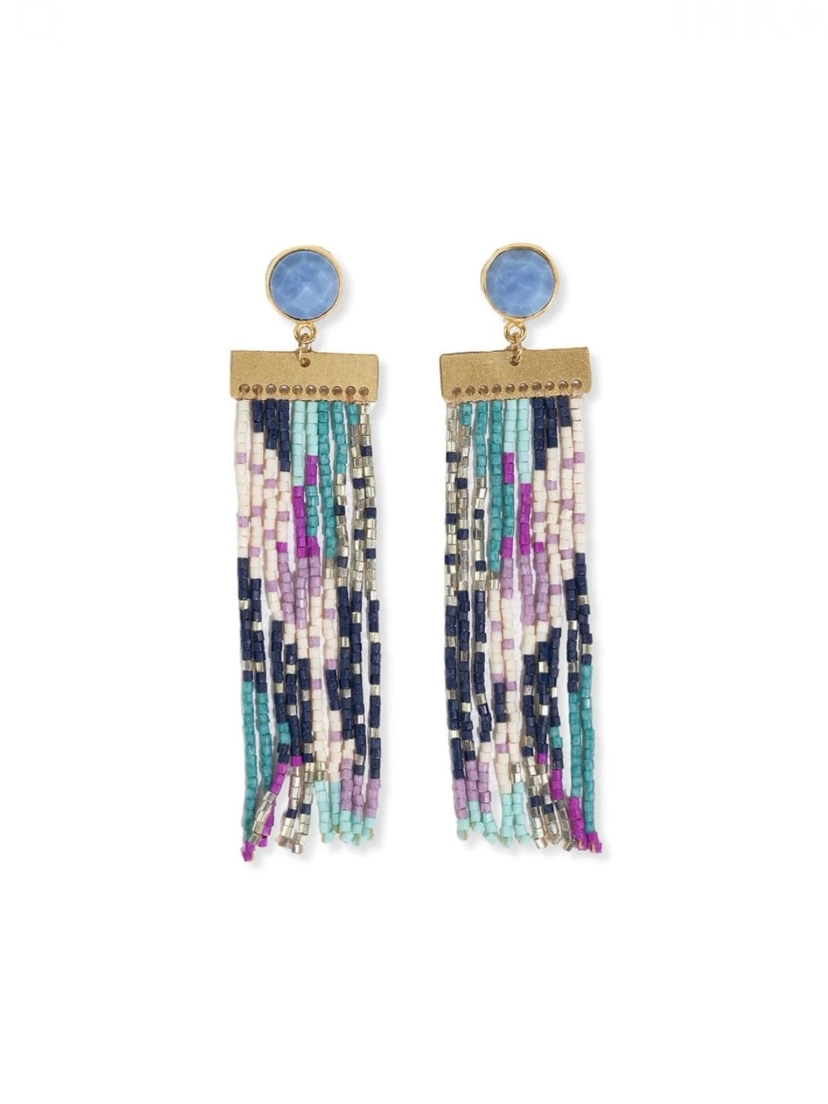 Lilah Semi-Precious Stone Post With Organic Shapes Beaded Fringe Earrings Light Blue