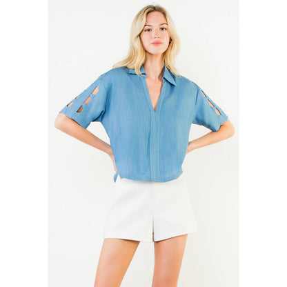 THML Short Sleeve Cutout Denim Top – Blue