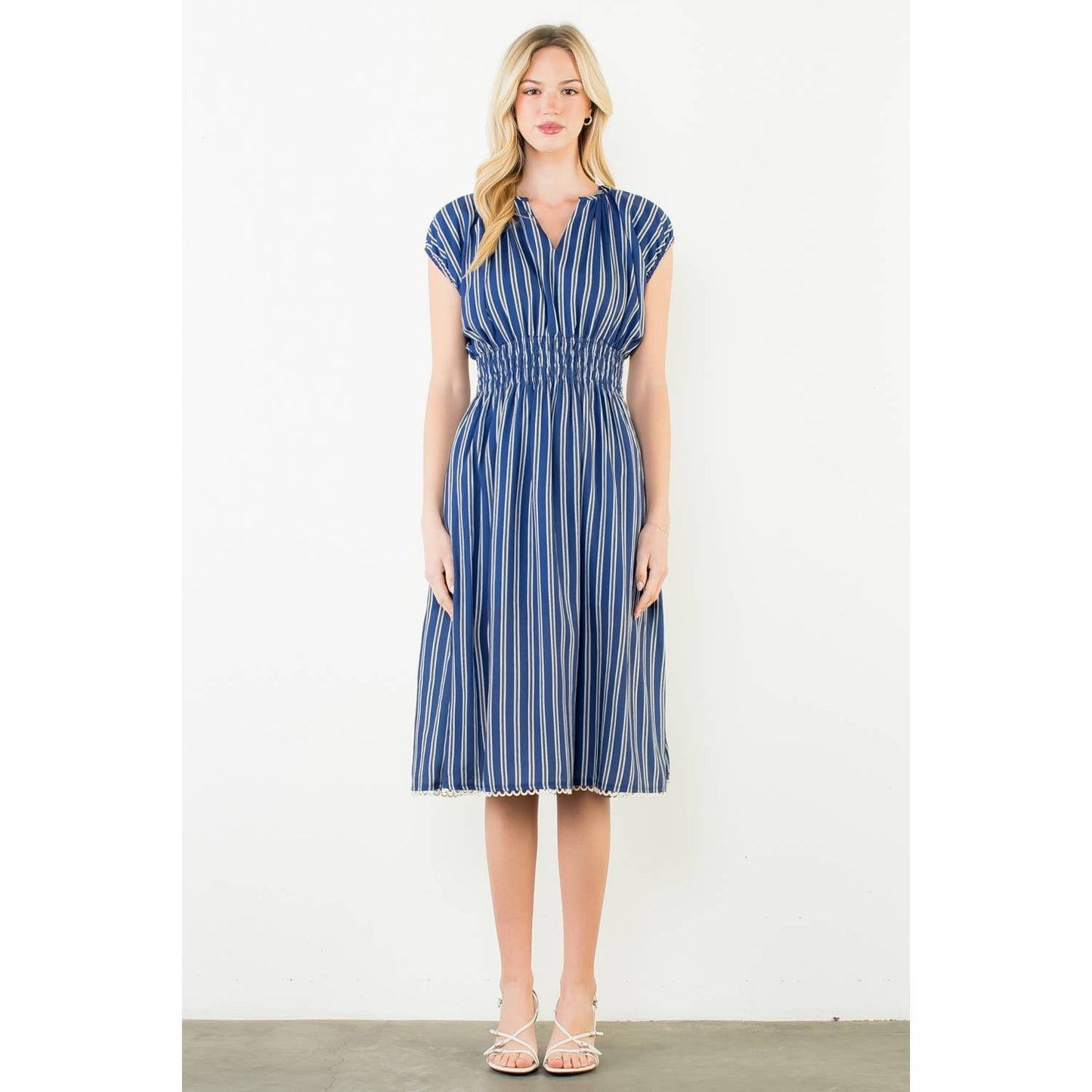 THML Striped Smocked Waist Dress – Navy
