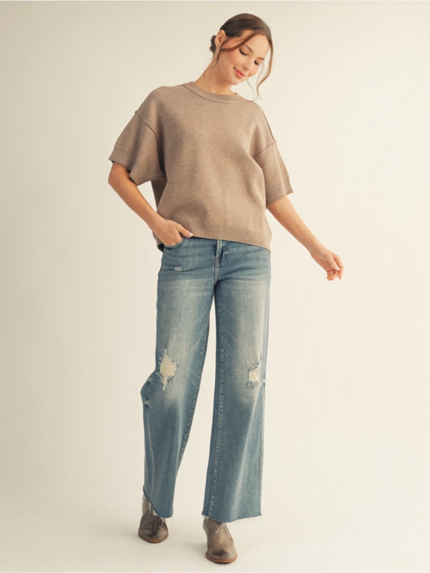 Jodifl Comfy Sweater Top With Raw Edge Detail - Mocha