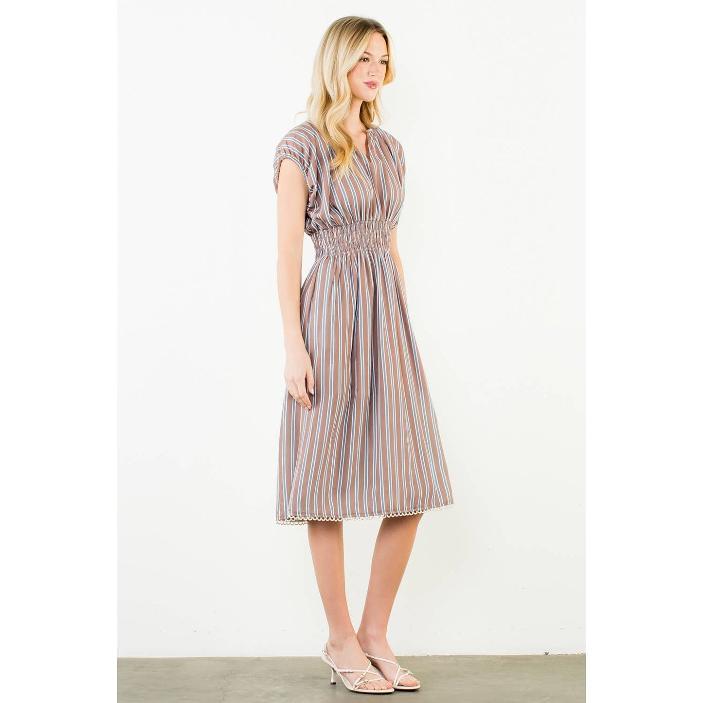 THML Striped Smocked Waist Dress – Brown