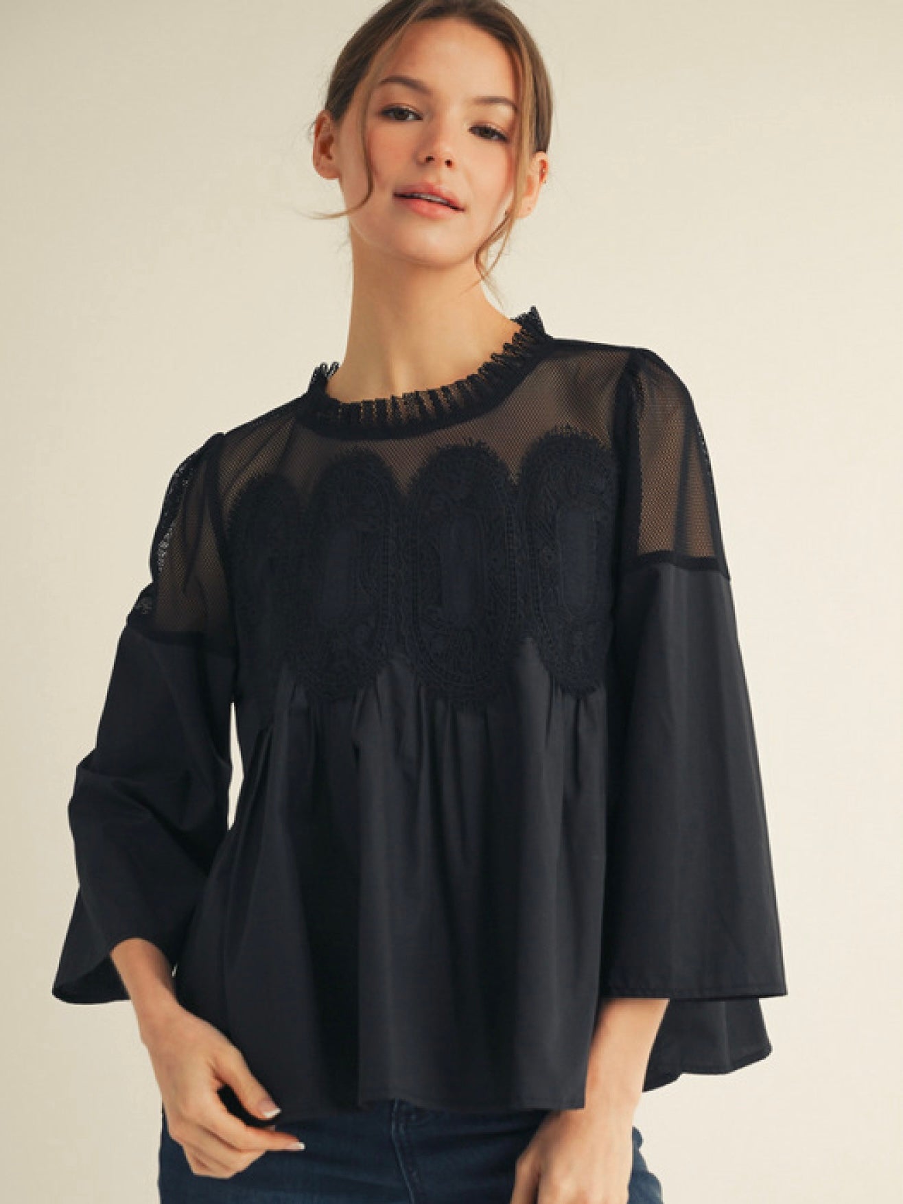 Jodifl 3/4 Sleeves Top With Contrast Crochet Accent - Black