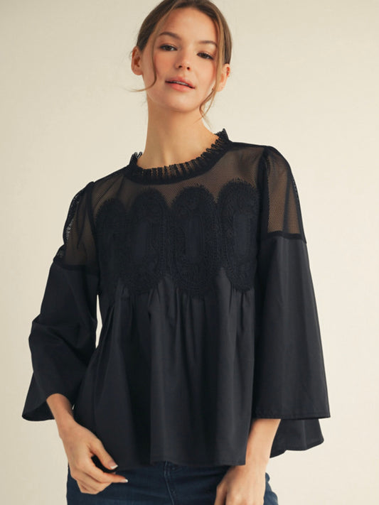 Jodifl 3/4 Sleeves Top With Contrast Crochet Accent - Black