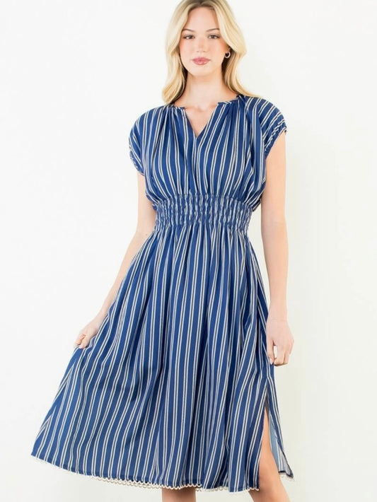 THML Striped Smocked Waist Dress – Navy