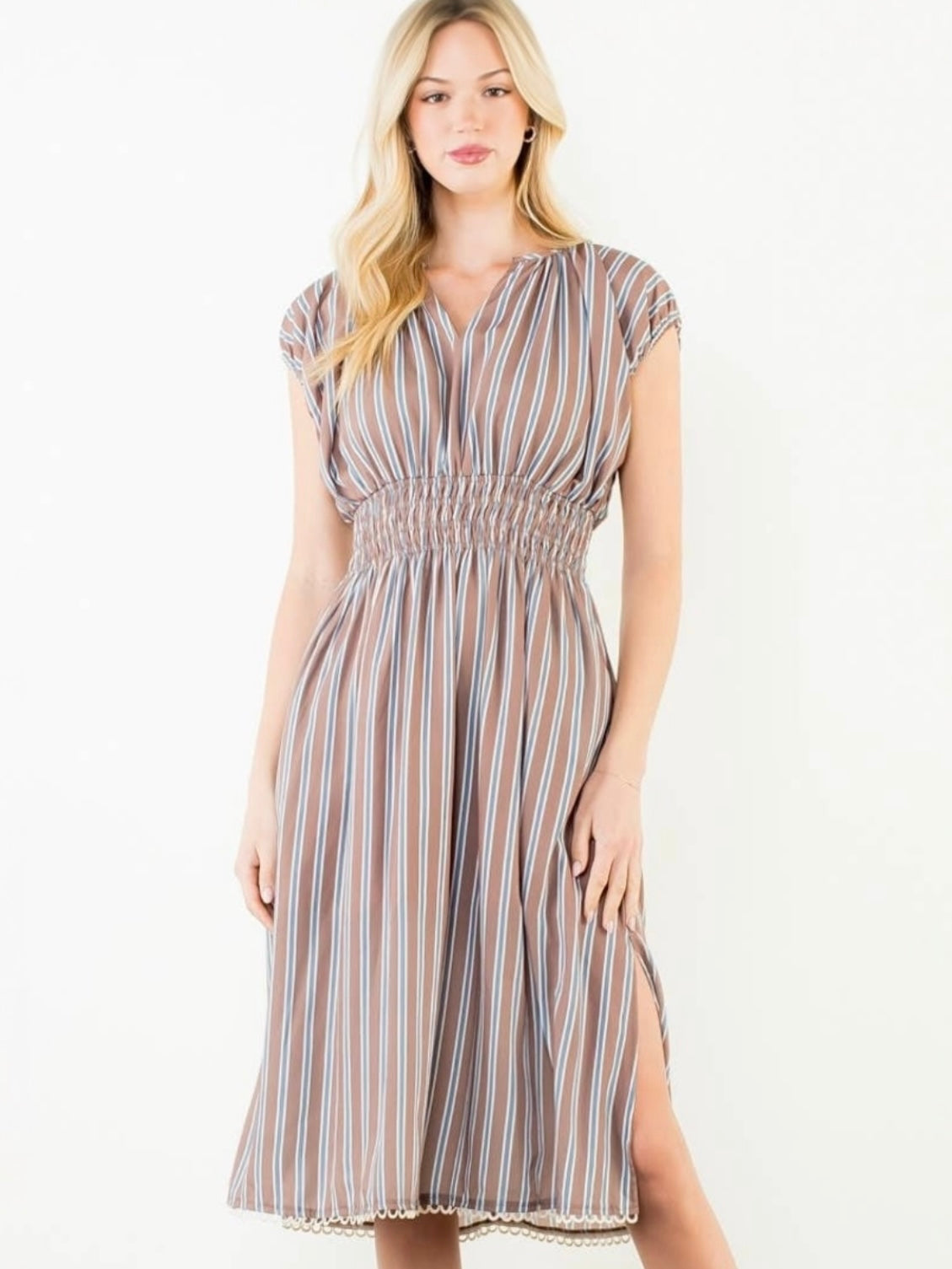 THML Striped Smocked Waist Dress – Brown