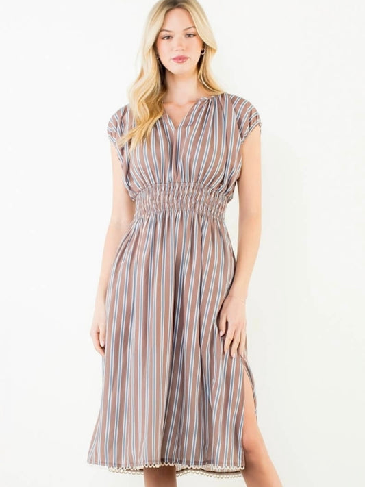 THML Striped Smocked Waist Dress – Brown
