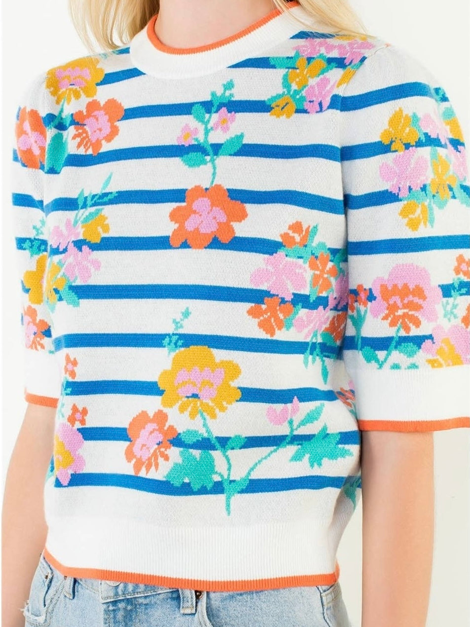 THML Short Sleeve Floral Knit Top - White