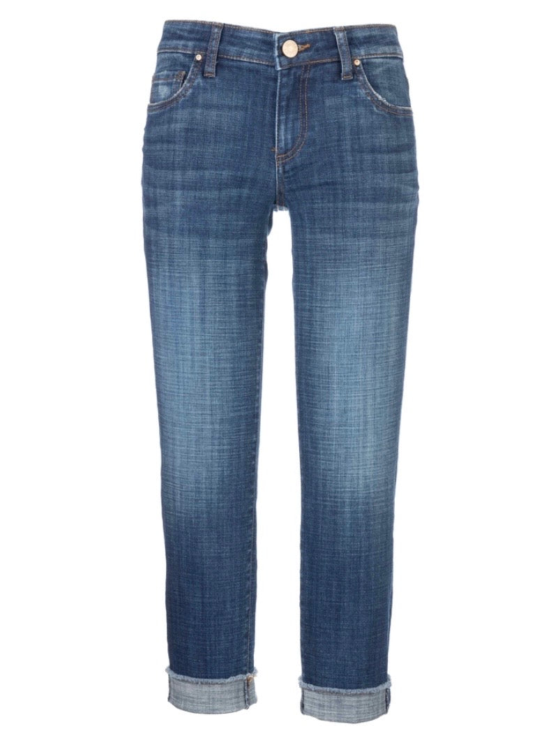 Kut from the Kloth Amy Cropped Straight Leg Jeans with Frayed Roll-Up Hem – Deserving Darkstone Base Wash