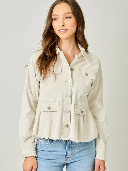 Mystree Washed Corduroy Peplum Jacket - Vintage Ivory