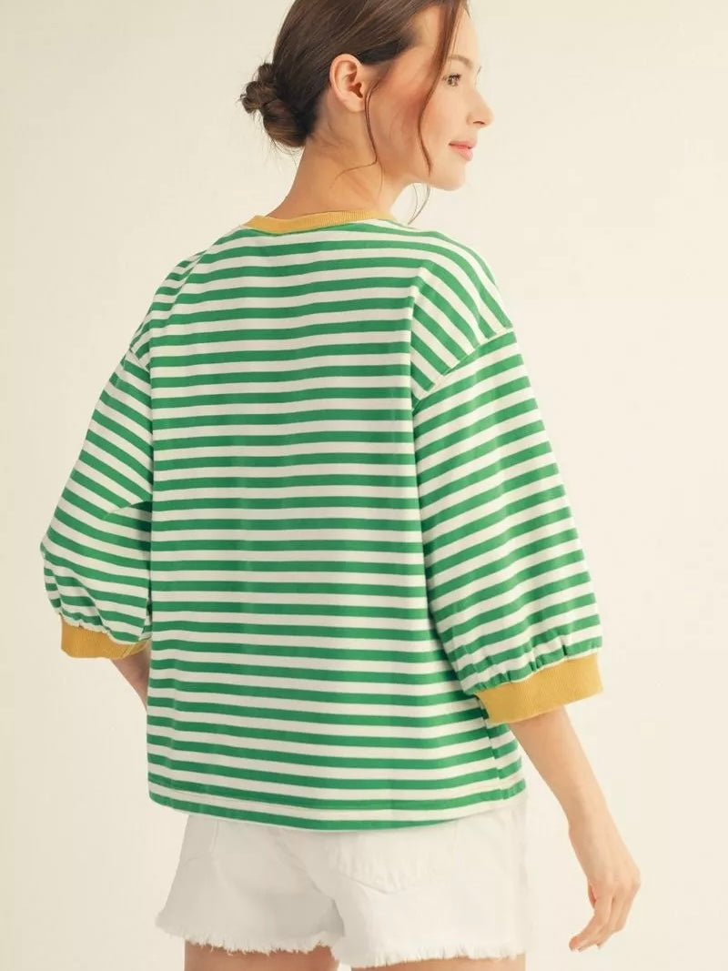 Jodifl Mineral Washed Stripe Top – 3/4 Sleeve V-Notch Neckline – Kelly Green