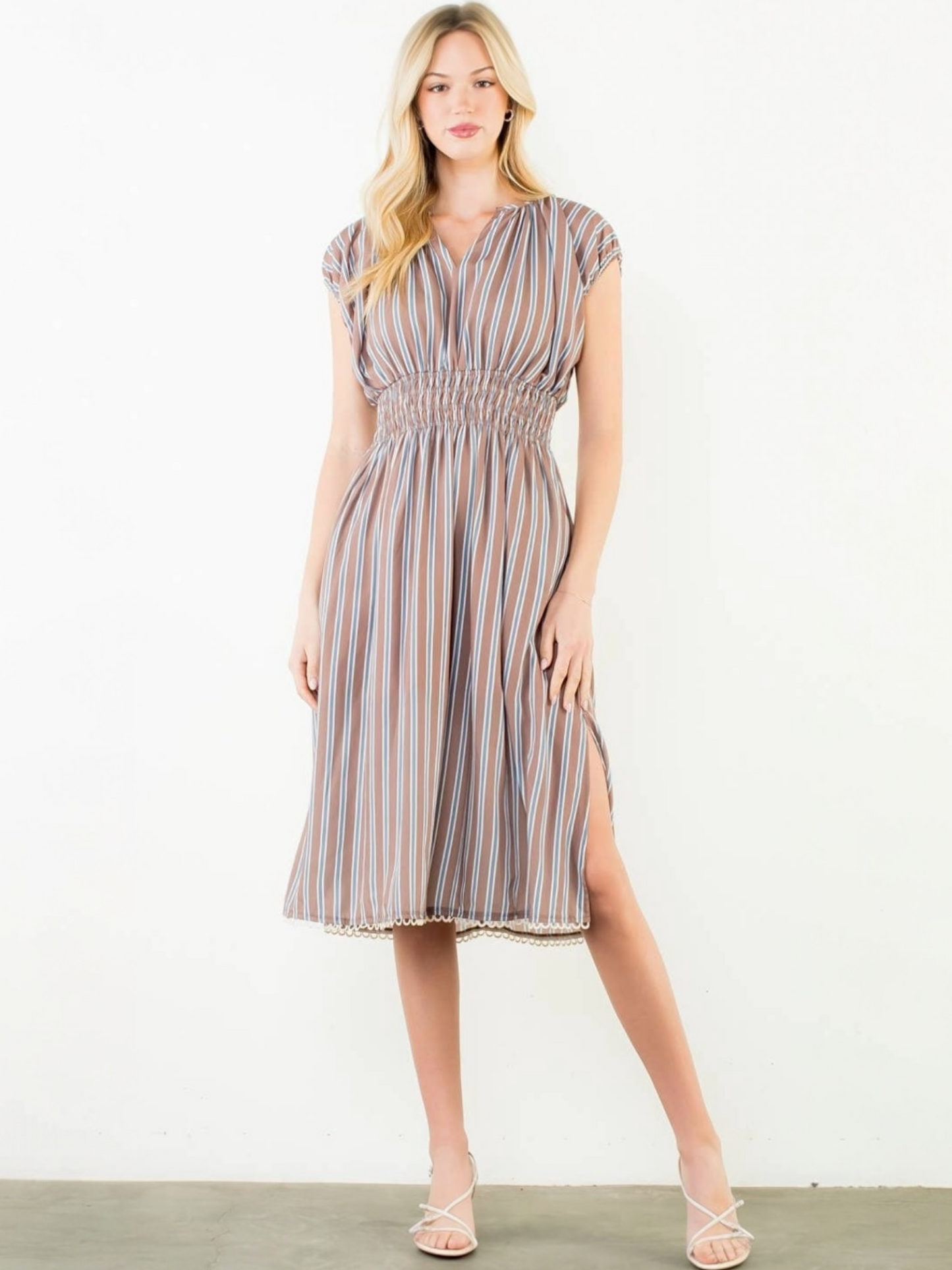 THML Striped Smocked Waist Dress – Brown Small / Brown