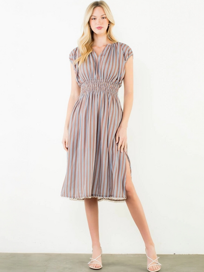 THML Striped Smocked Waist Dress – Brown
