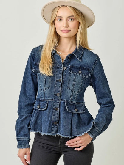 Mystree Washed Denim Peplum Jacket - Dark Denim