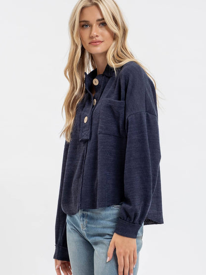 Blu Pepper Collared Raw Edge Knit Top - Navy