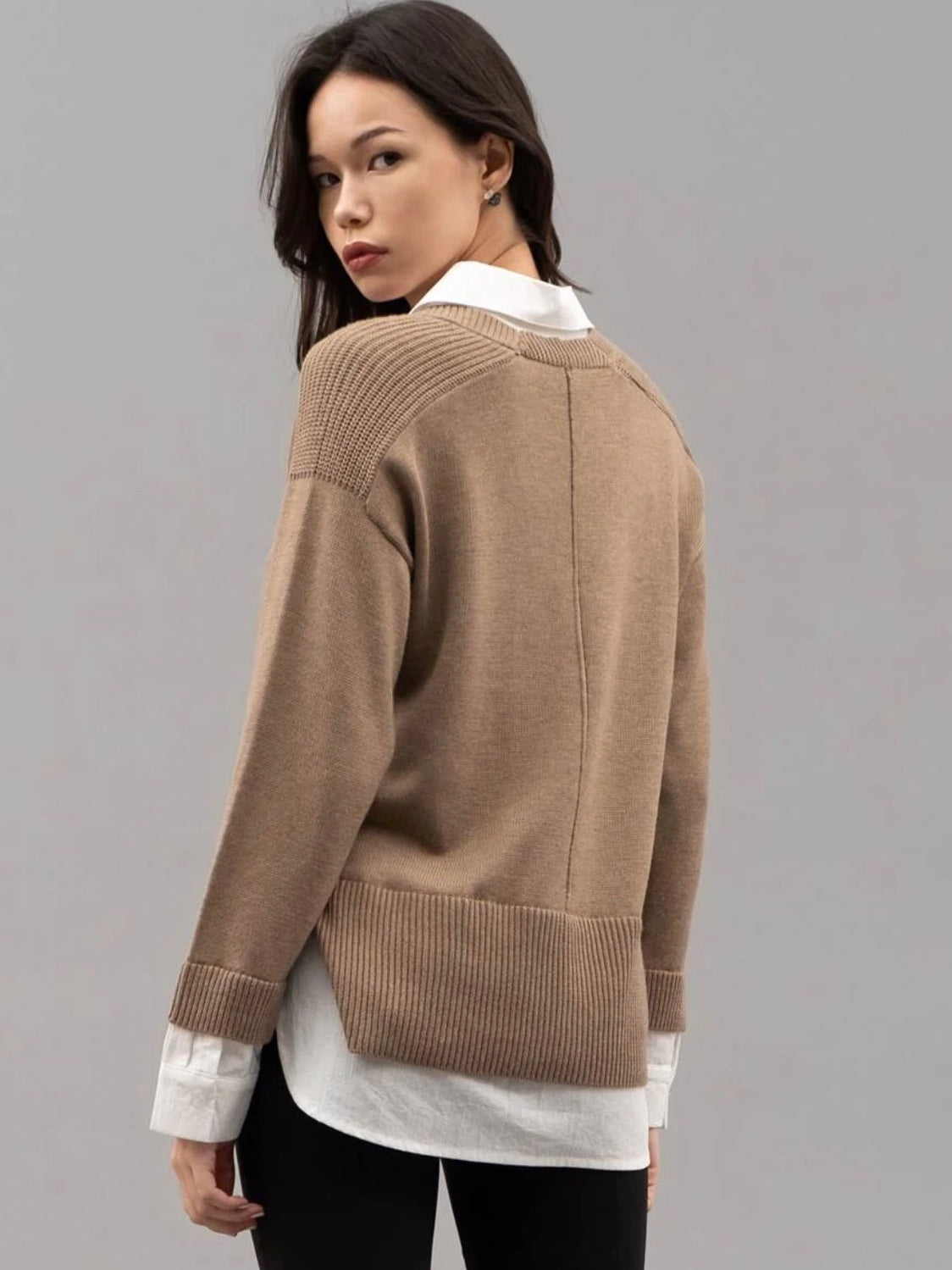 Bridget Layered V Neck Long Sleeve Sweater - Tan