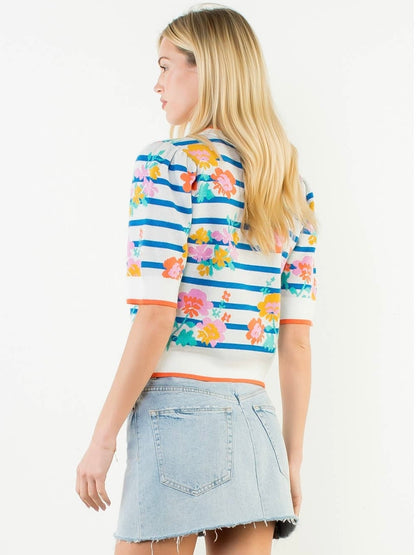 THML Short Sleeve Floral Knit Top - White