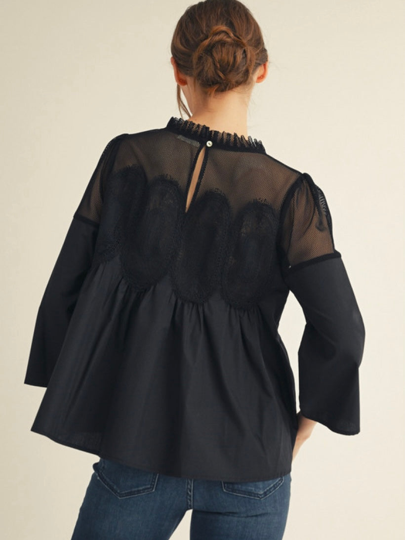 Jodifl 3/4 Sleeves Top With Contrast Crochet Accent - Black