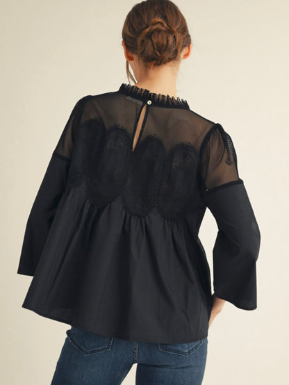 Jodifl 3/4 Sleeves Top With Contrast Crochet Accent - Black