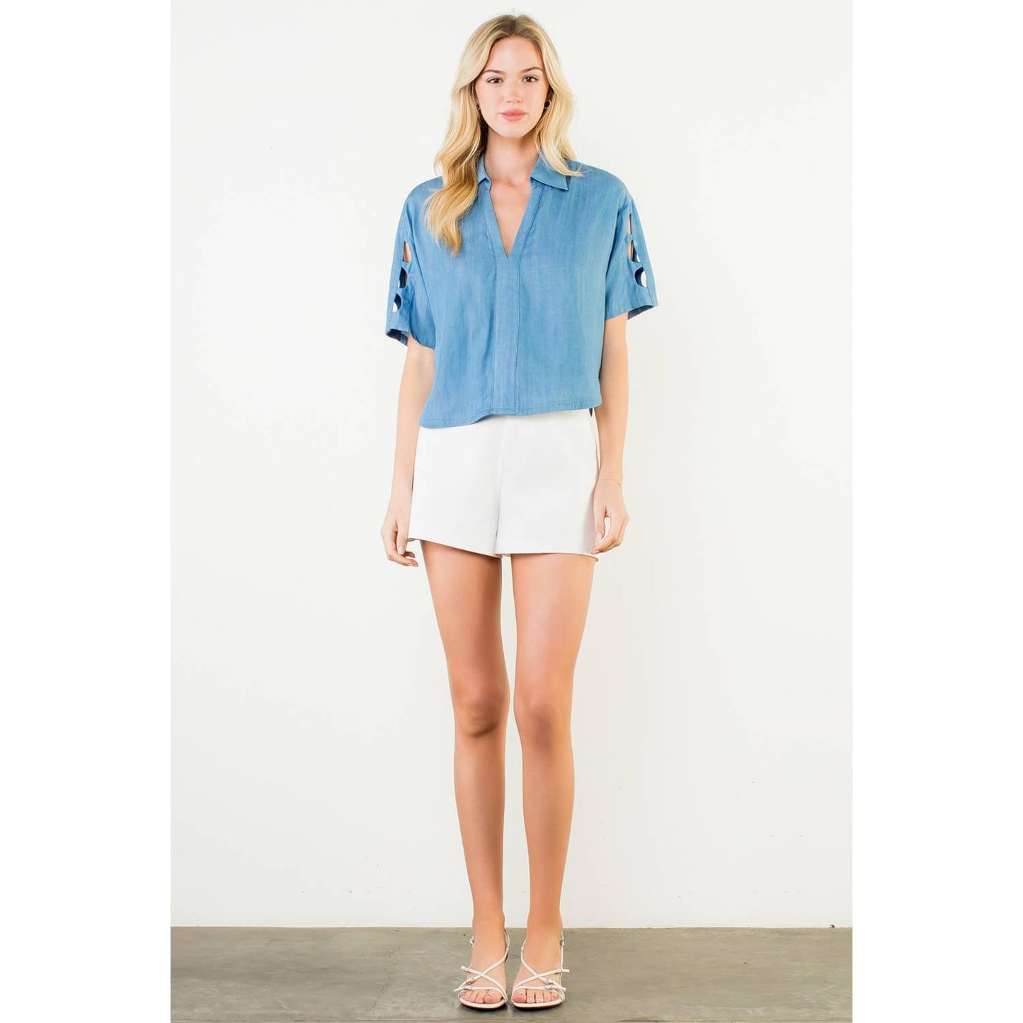 THML Short Sleeve Cutout Denim Top – Blue
